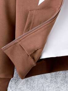 SHEIN 少女星形印花拉链落肩卫衣（不含T恤） - 咖啡棕 - 查看 6