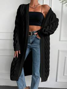 EURMUSE Cable Knit Drop Shoulder Duster Cardigan - Black - View 3