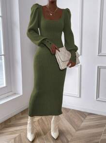 Chiquease Square Neck Lantern Sleeve Sweater Dress Fall Winter Cloth For Women - Army Green - View 5