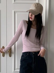 DAZY 淨色低圓領短款T恤 - 粉色 - 查看 4