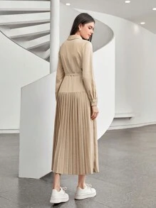 Mulvari Pleated Hem Belted Shirt Dress - Khaki - View 3