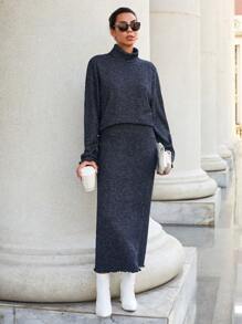 RueChic Turtleneck Drop Shoulder Sweater & Knit Skirt - Navy Blue - View 1
