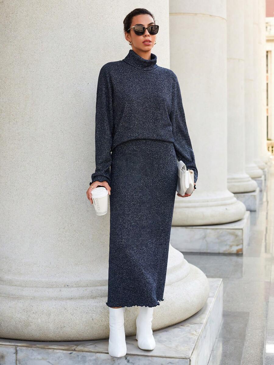 RueChic Turtleneck Drop Shoulder Sweater & Knit Skirt - Navy Blue - View 1