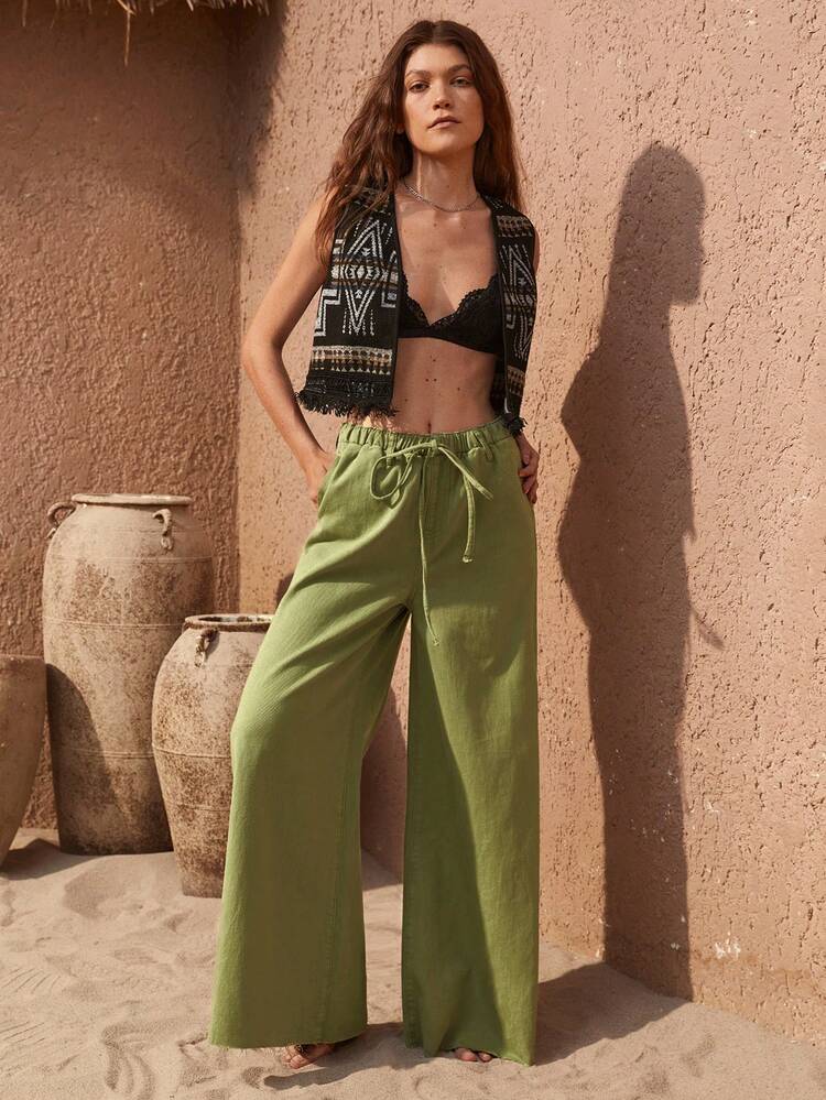 Knot Elastic Waist Wide Leg Jeans