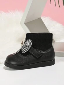 女童秋冬可爱花朵装饰公主英伦风时尚靴子，宝宝保暖内衬舒适袜靴，步行鞋，短靴