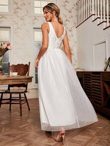 Simplee Floral Jacquard Mesh Overlay Wedding Dress - White - View 2