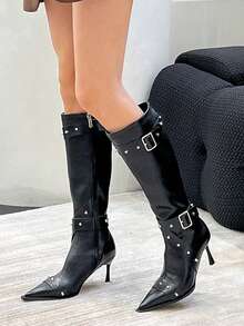 Women's Spring/summer/autumn/winter Rivet Decorated Fashion Pointed Toe Knee High Boots - Black - View 3