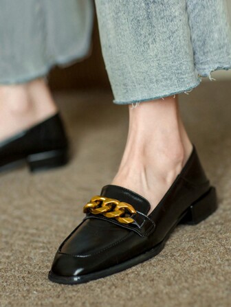 Fall/Winter Women's Flat Loafers, Retro Square Toe, Casual Chunky Heel Chain Mules, British Style Leather Shoes