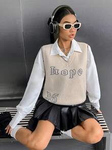 SHEIN EZwear 字母圖案毛衣背心不帶襯衫 - 米色 - 查看 4
