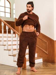 Men Solid Teddy PJ Set - Brown - View 6