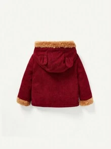 Baby Girl Bear Ear Design Button Front Thermal Lined Hooded Coat - Burgundy - View 2