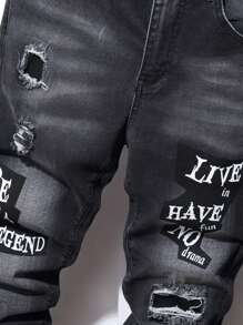 Manfinity Roghcode Pantalones vaqueros largos de corte slim, lisos, de algodón, con gráfico de letras, desgastados y deshilachados, de color gris oscuro, para hombres como regalo para esposo o novio - Negro - Ver 3