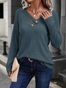 SHEIN LUNE 紐扣細節V領T恤 - 藏蓝色 - 查看 5