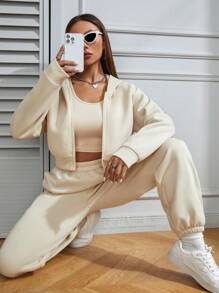 SHEIN Unity 素色短款背心和運動褲&連帽衫 - 杏色 - 查看 1