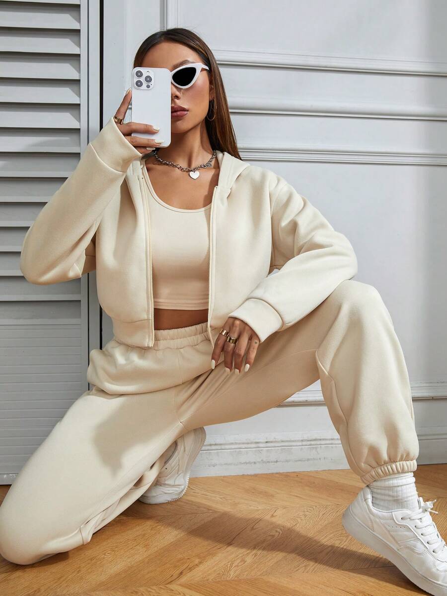 SHEIN Unity 素色短款背心和運動褲&連帽衫 - 杏色 - 查看 1