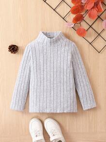 SHEIN Young Boy Mock Neck Ribbed Knit Tee - Grey - View 1