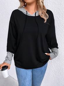 Linhara Áo nỉ hai màu dáng rộng, vai rớt, có dây rút, thích hợp cho lễ tốt nghiệp, tựu trường, lễ tốt nghiệp, giáo viên, áo nỉ mùa thu cho mùa tựu trường. - màu đen - Xem 1