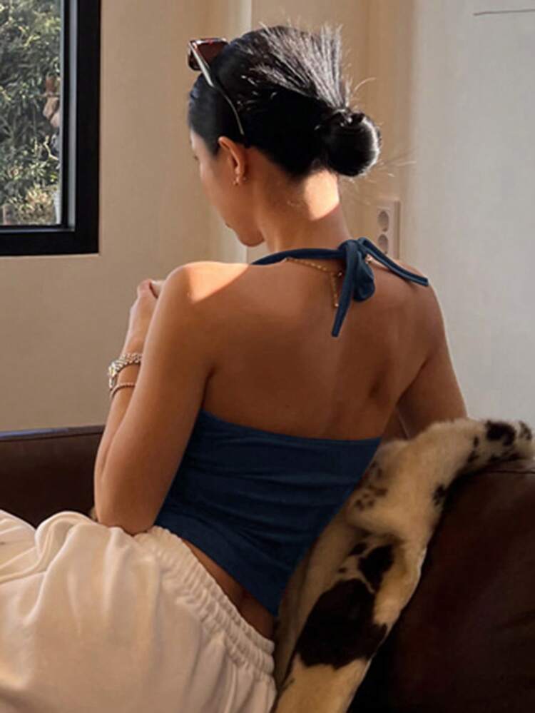 Solid Backless Halter Top Y2k Tank Tops
