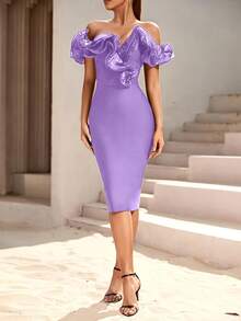Off Shoulder Ruffle Trim Bodycon Dress - Purple - View 4