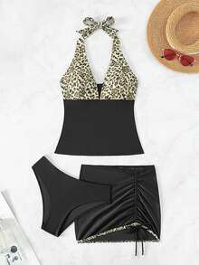Leopard Halter Tankini With Beach Skirt - Multicolor - View 5