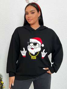 SHEIN EZwear 加大码圣诞印花落肩卫衣 - 黑色 - 查看 3