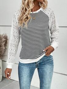 EMERY ROSE Striped Print Contrast Lace Raglan Sleeve Sweatshirt Graduation,Back To School Outfits,Graduation,Teacher Outfits For Women,Back To School Pullover Fall Outfit - Black and White - View 6