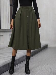 EMERY ROSE 女士无腰带纽扣前开襟喇叭裙，秋季必备 - 軍綠色 - 查看 6