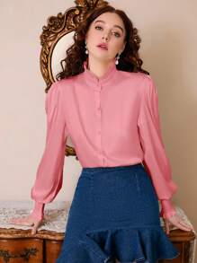 Aveloria Frill Trim Button Front Lantern Sleeve Blouse - Pink - View 7