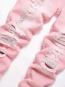 男大童破洞抽鬚破洞牛仔褲 - 粉色 - 查看 6