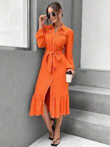 SHEIN Essnce Lantern Sleeve Ruffle Hem Belted Shirt Dress - Orange - View 6