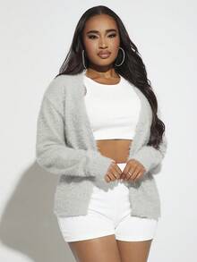 SHEIN SXY Chất rắn Thả vai 	
Fuzzy Áo len Duster - Màu Xám nhạt - Xem 4