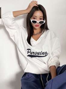 DAZY Đồ họa Chữ cái Thả vai Áo nỉ - trắng - Xem 1