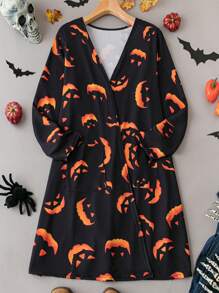 SHEIN LUNE Plus Halloween Print Open Front Coat - Multicolor - View 1