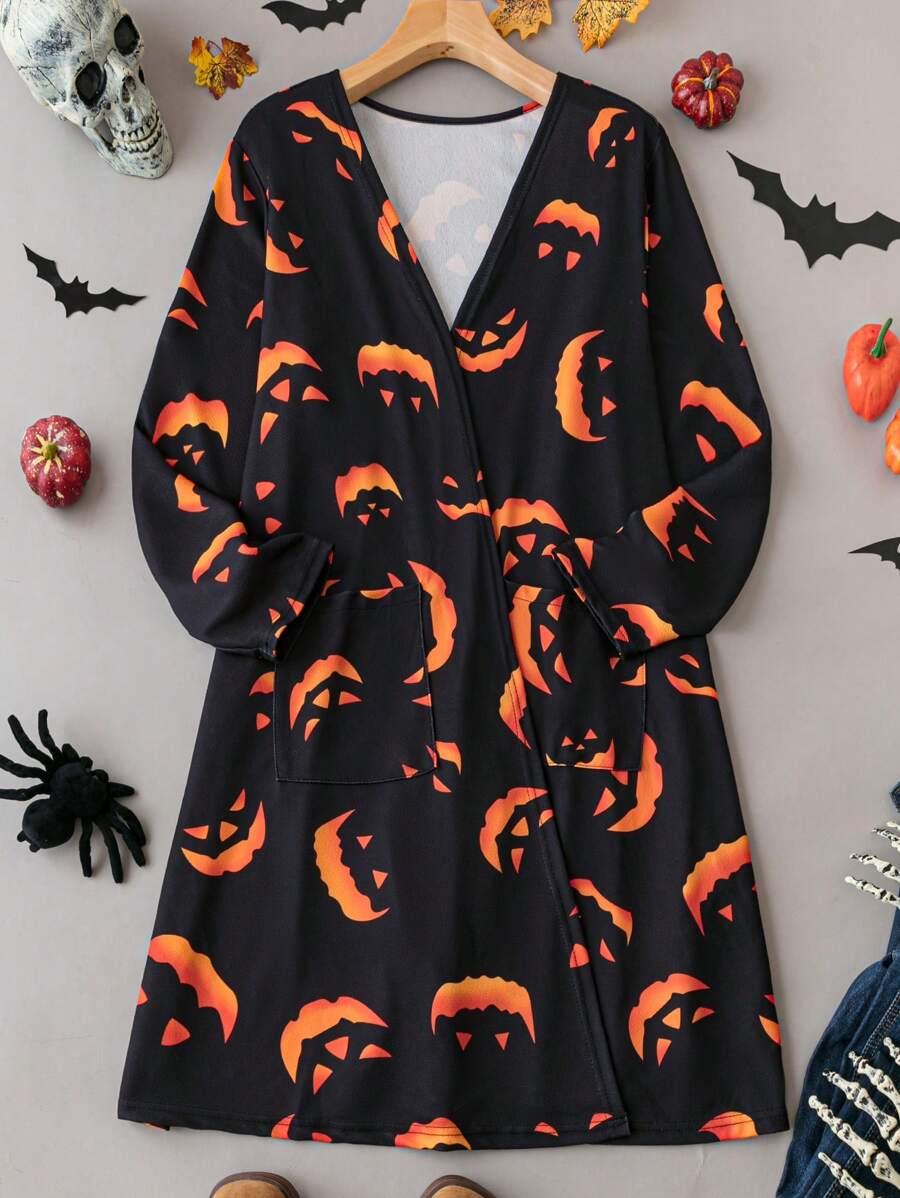 SHEIN LUNE Plus Halloween Print Open Front Coat - Multicolor - View 1