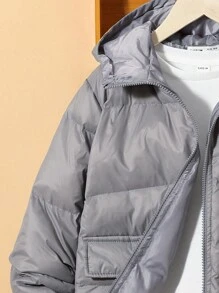 SHEIN Tween Boy 拉链连帽夹棉外套 - 淺灰色 - 查看 5