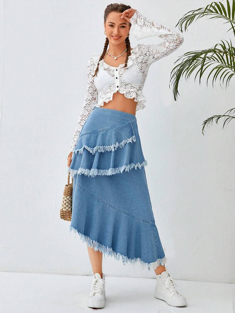 Raw Trim Asymmetrical Hem Denim Skirt