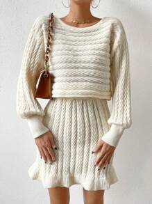 Chiquease 燈籠袖荷葉邊毛衣洋裝 - 杏色 - 查看 3