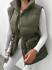 EURMUSE Elastic Waist Zipper Vest Puffer Coat - Dark Green - View 3