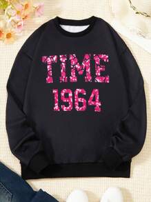 SHEIN 女大童字母圖案保暖襯裡運動衫 - 黑色 - 查看 1