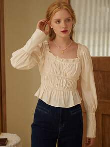Simple Retro Blusa con dobladillo con volantes y ribete de volantes con busto fruncido y cuello cuadrado - Albaricoque - Ver 4