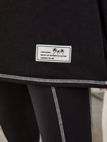 SHEIN Teen Girl Letter Patched Top-stitching Drop Shoulder Pullover & Leggings - Black - View 6