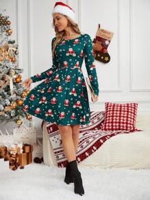 SHEIN LUNE Christmas Print A-line Dress - Dark Green - View 6