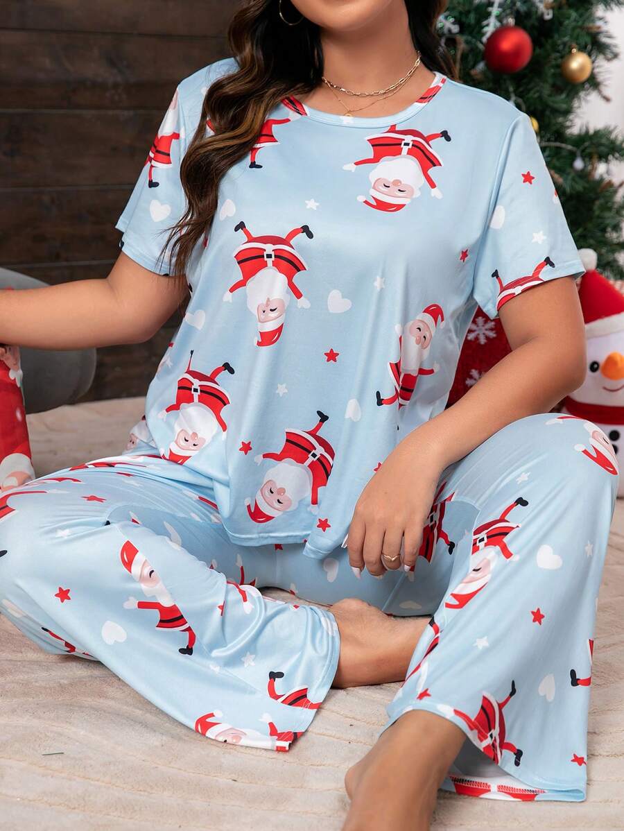 Plus Christmas Print PJ Set - Baby Blue - View 1