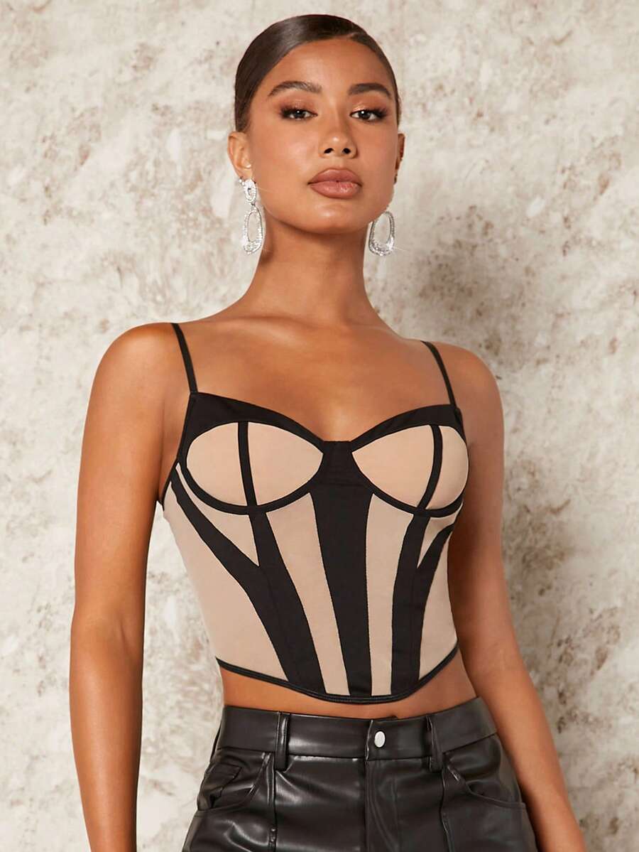 SHEIN BAE Top de tirantes bustier unido en contraste - Negro - Ver 1