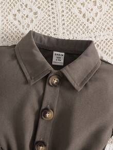 Baby Girl Button Front Belted Shirt Jumpsuit - Rust Brown - View 3