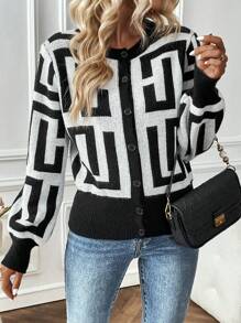 SHEIN Unity Geo Pattern Cardigan - Black and White - View 1