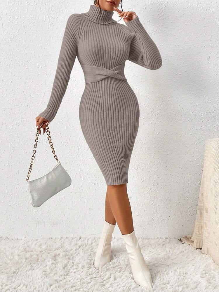Turtleneck Twist Front Raglan Sleeve Sweater Dress Fall Winter Cloth For Women