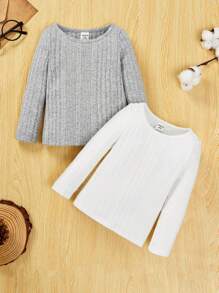 SHEIN Baby Girl 2pcs Ribbed Knit Tee - Light Grey - View 1