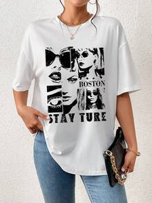 SHEIN Essnce Figure & Letter Graphic Drop Shoulder Tee - White - View 3