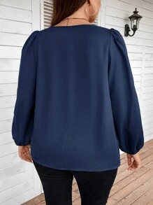 SHEIN Clasi Plus Keyhole Neckline Lantern Sleeve Blouse - Navy Blue - View 2